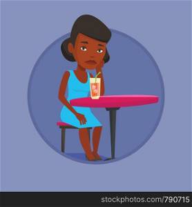 Woman sitting in bar and drinking cocktail. Sad woman sitting in bar with cocktail on the table. Woman drinking cocktail in bar. Vector flat design illustration in the circle isolated on background.. Woman drinking cocktail at the bar.