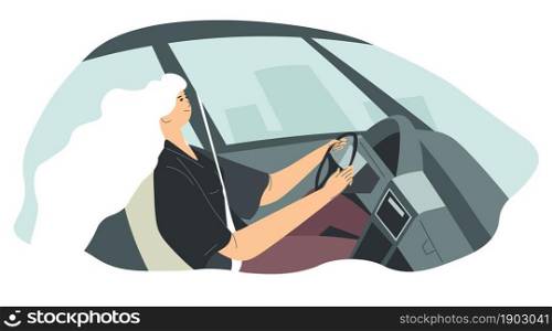 Woman sitting in car and driving in city, female character in automobile commuting to point of destination. Transportation and comfortable trip, adventure and safe rest. Vector in flat style. Female character driving car in city woman in auto