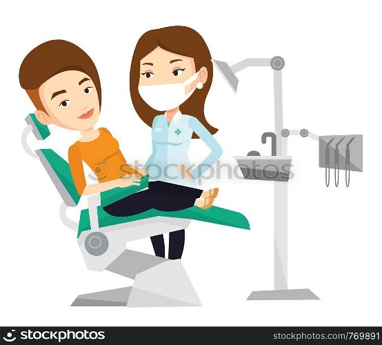 Woman sitting in dental chair while dentist standing nearby. Doctor and patient in the dental clinic. Patient on reception at the dentist. Vector flat design illustration isolated on white background.. Patient and doctor at dentist office.