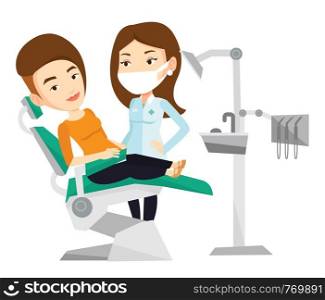 Woman sitting in dental chair while dentist standing nearby. Doctor and patient in the dental clinic. Patient on reception at the dentist. Vector flat design illustration isolated on white background.. Patient and doctor at dentist office.