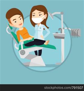 Woman sitting in dental chair while dentist standing nearby. Doctor and patient in dental clinic. Patient on reception at dentist. Vector flat design illustration in the circle isolated on background.. Patient and doctor at dentist office.