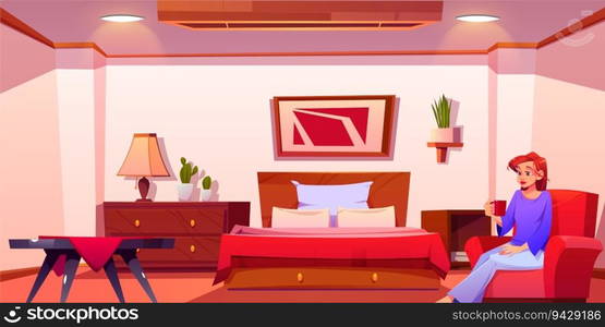 Woman sitting in red house bedroom with furniture. Modern room interior scene with bed, pillow, blanket and lamp. Comfort sleep flat environment with cactus and plant in pot for female character.. Woman sitting in red house bedroom with furniture