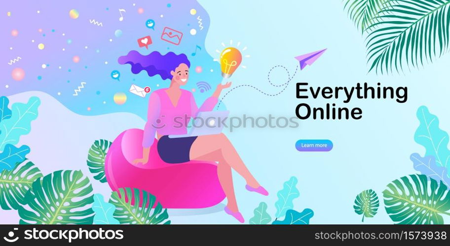 woman sitting in the park on the bench and working with laptop. Happy casual beautiful woman watching videos or enjoying entertainment. Flat modern illustration.