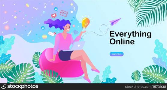 woman sitting in the park on the bench and working with laptop. Happy casual beautiful woman watching videos or enjoying entertainment. Flat modern illustration.