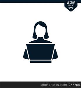 Woman sitting laptop icon collection in glyph style, solid color vector