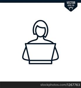 Woman sitting laptop icon collection in outlined or line art style, editable stroke vector