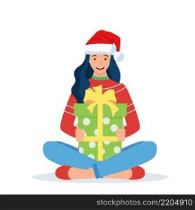 Woman Sitting Lotus Pose Holding Gift Box. Cross Legged female Character with Christmas Present. Happy New Year Decoration. New Year and Xmas Celebration. Vector illustration in flat style. Woman Sitting Lotus Pose Holding Gift Box.