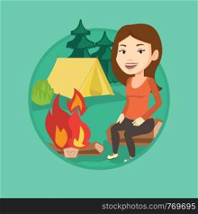 Woman sitting near a campfire at a campsite. Travelling woman sitting on a log near a campfire. Tourist relaxing near campfire. Vector flat design illustration in the circle isolated on background.. Woman sitting on log near campfire in the camping.
