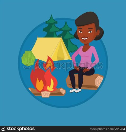 Woman sitting near a campfire at a campsite. Travelling woman sitting on a log near a campfire. Tourist relaxing near campfire. Vector flat design illustration in the circle isolated on background.. Woman sitting on log near campfire in the camping.