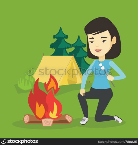 Woman sitting near campfire with marshmallow. Woman roasting marshmallow over campfire. Tourist relaxing near campfire on the background of camping site. Vector flat design illustration. Square layout. Woman roasting marshmallow over campfire.