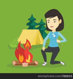 Woman sitting near campfire with marshmallow. Woman roasting marshmallow over campfire. Tourist relaxing near campfire on the background of camping site. Vector flat design illustration. Square layout. Woman roasting marshmallow over campfire.