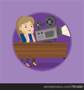 Woman sitting near film projector in the room of projectionist. Caucasian projectionist showing film. Young projectionist at work. Vector flat design illustration in the circle isolated on background.. Caucasian projectionist showing new film.