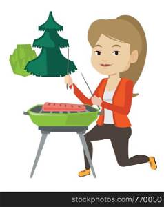 Woman sitting next to barbecue grill in the park. Caucasian woman cooking steak on barbecue grill outdoors. Woman having a barbecue party. Vector flat design illustration isolated on white background.. Woman cooking steak on barbecue grill.