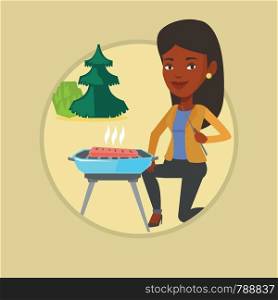 Woman sitting next to barbecue grill in the park. Woman cooking steak on barbecue grill outdoors. Woman having a barbecue party. Vector flat design illustration in the circle isolated on background.. Woman cooking steak on barbecue grill.