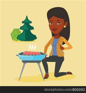 Woman sitting next to barbecue grill in the park. An african-american woman cooking steak on barbecue grill outdoors. Woman having a barbecue party. Vector flat design illustration. Square layout.. Woman cooking steak on barbecue grill.