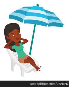 Woman sitting on a beach chair. Woman resting on holiday while sitting under umbrella on a beach chair. Woman relaxing in a beach chair. Vector flat design illustration isolated on white background.. Woman relaxing on beach chair vector illustration.