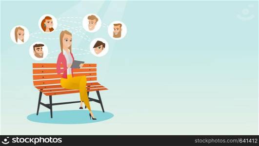 Woman sitting on a bench and using a tablet computer with network avatar icons above. Woman surfing in the social network. Social network concept. Vector flat design illustration. Horizontal layout.. Woman surfing in the social network.