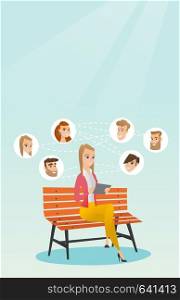Woman sitting on a bench and using a tablet computer with network avatar icons above. Woman surfing in the social network. Social network concept. Vector flat design illustration. Vertical layout.. Woman surfing in the social network.