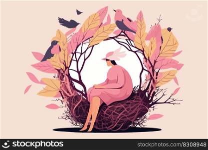 Woman sitting on a bird’s nest. Vector illustration design.