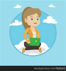 Woman sitting on a cloud with laptop. Woman using cloud computing technology. Woman working on computer. Cloud computing concept. Vector flat design illustration in the circle isolated on background.. Woman using cloud computing technology.