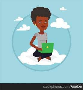 Woman sitting on a cloud with laptop. Woman using cloud computing technology. Woman working on computer. Cloud computing concept. Vector flat design illustration in the circle isolated on background.. Woman using cloud computing technology.