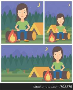 Woman sitting on a log near a fire on a background of camping site with tent. Young woman sitting near a campfire at a campsite. Vector flat design illustration. Square, horizontal, vertical layouts.. Woman sitting on log in the camping.