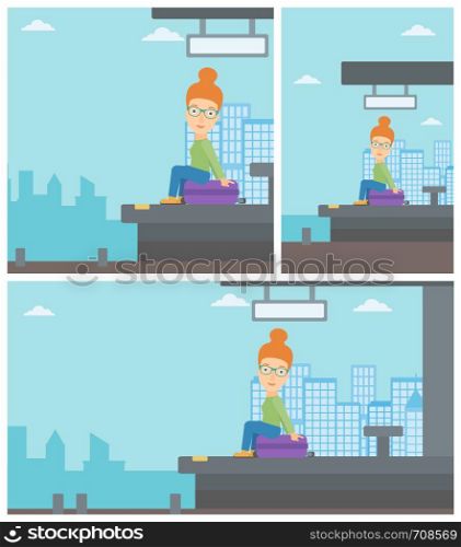Woman sitting on a suitcase at the train station on the background of arriving train. Woman waiting for a train at the platform. Vector flat design illustration. Square, horizontal, vertical layouts.. Woman sitting on suitcase at the train station.