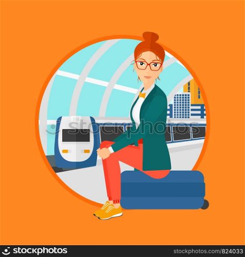 Woman sitting on a suitcase at the train station on the background of arriving train. Woman waiting for a train at the platform. Vector flat design illustration in the circle isolated on background.. Woman sitting on suitcase at the train station.