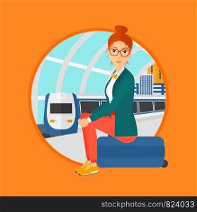 Woman sitting on a suitcase at the train station on the background of arriving train. Woman waiting for a train at the platform. Vector flat design illustration in the circle isolated on background.. Woman sitting on suitcase at the train station.