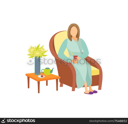 Woman sitting on armchair in resting room cartoon vector icon. Lady in home bathrobe and slippers relaxing and drinking tea, coffee table with teapot. Woman Sitting on Armchair in Resting Room Cartoon