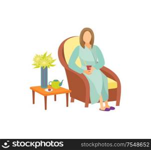 Woman sitting on armchair in resting room cartoon vector icon. Lady in home bathrobe and slippers relaxing and drinking tea, coffee table with teapot. Woman Sitting on Armchair in Resting Room Cartoon