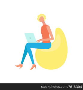 Woman sitting on bean chair and working on laptop isolated vector illustration. Businesswoman with notebook, freelance worker, cartoon character in flat style. Woman Sitting on Bean Chair and Working on Laptop