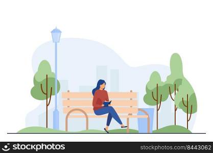 Woman sitting on bench and reading book. Park, city, relaxation flat vector illustration. Weekend and nature concept for banner, website design or landing web page
