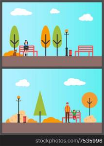 Woman sitting on bench, freelance worker in park vector. Pine tree and lanterns, trash bin at street. Father and daughter with bird, sunny fall day. Woman Sitting on Bench, Freelance Worker in Park