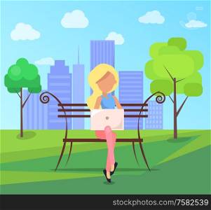 Woman sitting on bench in city park on background of skyskrapers with modern laptop in free wi-fi zone vector illustration in flat design. Woman Sits on Bench in City Park with Laptop