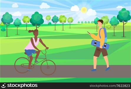 Woman sitting on bicycle, man holding skateboard and phone, skateboarder and bicyclist in park, sunny weather and green plants, activity outdoor vector. Skateboarder and Bicyclist in Park, Nature Vector