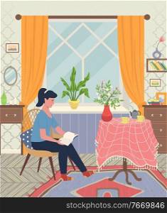 Woman sitting on chair and reading interesting book. Living room with furniture like table and chest. Kettle, cups and vase with flowers on tablecloth. Vector illustration in flat style. Woman Reading Book in Living Room, Furniture
