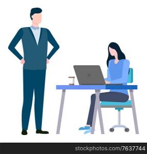 Woman sitting on chair at desk and boss supervising employer. Vector training at work controlling supervisor, brokers collaboration and cooperation. Training at Work Controlling Supervisor, Brokers