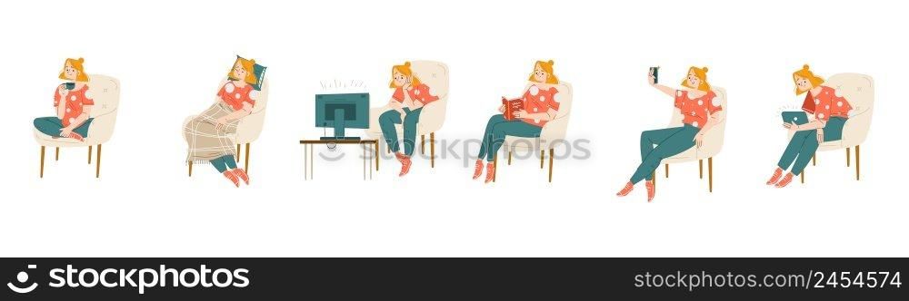 Woman sitting on chair isolated set. Young girl in comfortable armchair relax, drink coffee, watch tv, sleep and reading book, make selfie, work on laptop, Linear cartoon flat vector illustration, set. Woman sitting on comfortable chair isolated set