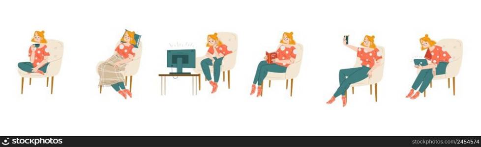Woman sitting on chair isolated set. Young girl in comfortable armchair relax, drink coffee, watch tv, sleep and reading book, make selfie, work on laptop, Linear cartoon flat vector illustration, set. Woman sitting on comfortable chair isolated set