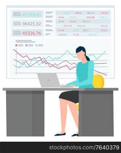 Woman sitting on chair near laptop and typing. Office worker in big company that make corporate business. Data chart and analysis diagrams on board on background. Vector illustration in flat style. Woman Sitting with Laptop, Data and Analysis Chart