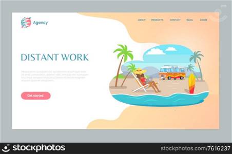 Woman sitting on chair using laptop, girl on beach with wireless device, distant work webpage decorated by mountain landscape, palm trees, bus vector. Website template, landing page flat style. Distant Work, Girl Using Laptop on Beach Vector