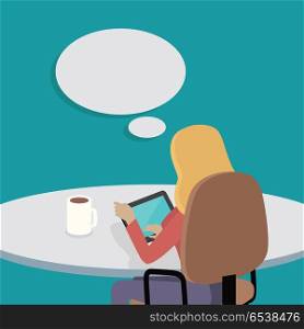 Woman Sitting on Chair with Gadget and Dreaming. Woman sitting on chair with gadget and dreaming about something. Back view. Women at work. Endless work seven days a week. Working moments. Part of series of work at the office. Vector illustration