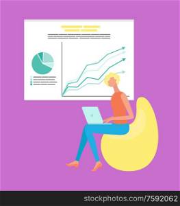 Woman sitting on chair with laptop, presentation with diagram and growth arrows on chart. Analytics and working strategy, worker using computer vector. Woman Working with Laptop, Growth Chart Vector