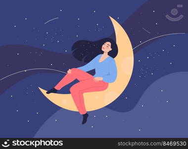 Woman sitting on crescent moon with closed eyes. Calm person having good deep sleep, relaxing and resting flat vector illustration. Night, REM sleep cycle, wellbeing concept