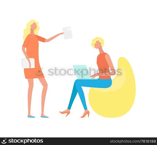 Woman sitting on design seat with laptop, standing manager with papers. Teamwork and wireless gadget, portrait and side view of people, workplace vector. Women with Laptop and Papers, Teamwork Vector