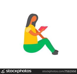 Woman sitting on floor and reading book. Vector isolated cartoon girl in flat style with textbook in hands. Female reader with open magazine, doodle design. Woman Sitting on Floor and Reading Book. Vector