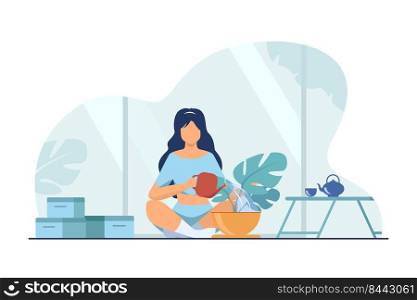 Woman sitting on floor and watering plant. Home, water, leaf flat vector illustration. Hobby and house garden concept for banner, website design or landing web page