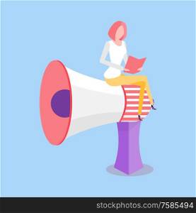 Woman sitting on loudspeaker big megaphone vector isolated on blue. Loudhailer portable hand-held cone shaped acoustic horn to amplify voice vector. Woman Sitting on Loudspeaker Big Megaphone Vector