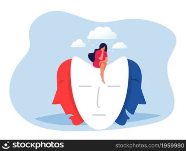 Woman sitting on masks with happy or sad expressions, Split personality, mood changes, bipolar disorder, Vector illustration.